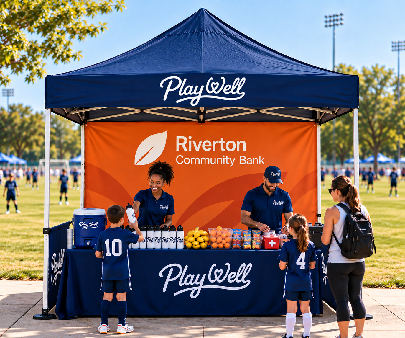 A conceptual PlayWell Station showing sponsor branding on the primary exterior wall.