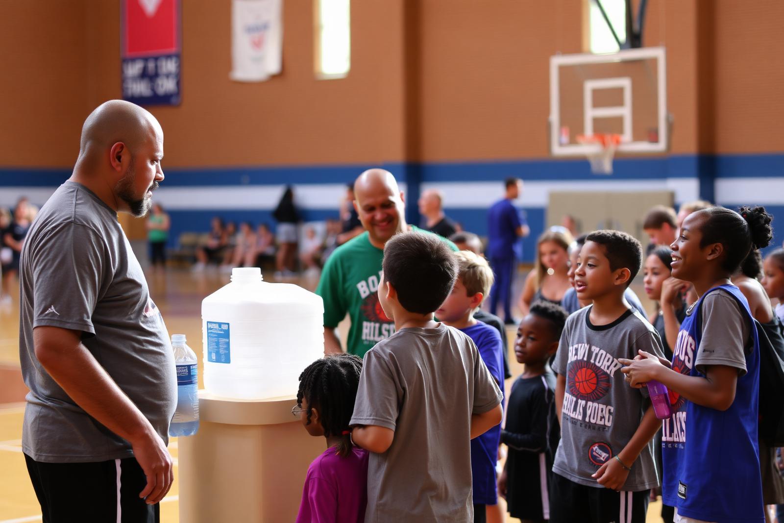 Kids gathered around a hydration station at a community basketball event